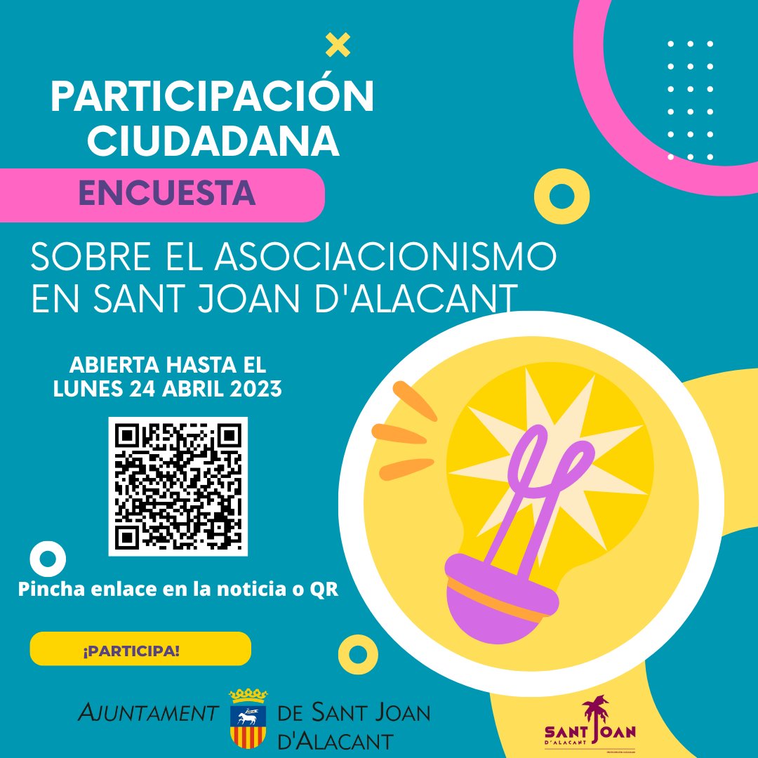 📊Queremos conocer tu opinión sobre el asociacionismo en Sant Joan. Para ello te pedimos que contestes a esta encuesta.
onx.la/a2c67
Rellenar el formulario te llevará 5 minutos. Tienes hasta el 24 de abril. Muchas gracias.
#SantJoandAlacant #santjoanparticipa