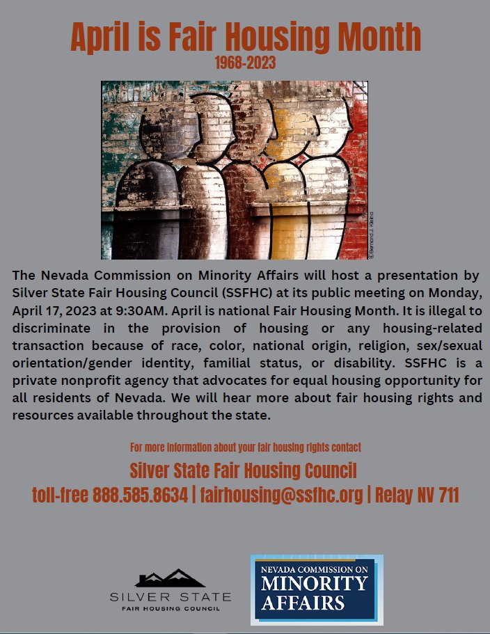 MinorityAffairs's tweet photo. Guest Speaker alert! !!!!
Silver State Fair Housing Council will be presenting during our public meeting on April 17, 2023. 
Join us in person or online. 
*Meeting link below* https://t.co/7s7cozzQGU