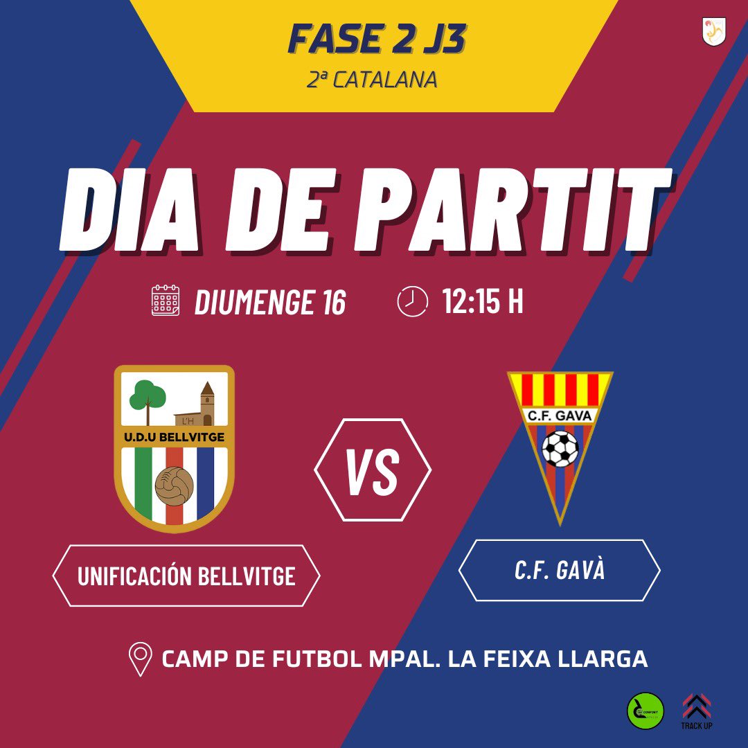 🔵🔴 PROPER PARTIT 🔵🔴

Aquest diumenge 16 ens enfrontem al últim rival pendent de la primera jornada de la 2a jornada de la segona fase, l'Unificación Bellvitge. 

⚽ Unificación Bellvitge vs. C.F. Gavà
📅 DIUMENGE 16 - 12:15H
📍 CAMP MPAL. LA FEIXA LLARGA