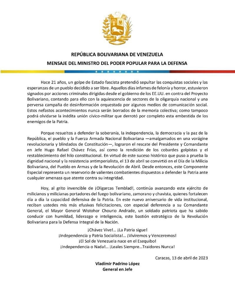 📄 #Importante || Mensaje del ciudadano G/J Vladímir Padrino López, en ocasión de celebrarse el Día de la Milicia Bolivariana del Pueblo en Armas y de la Revolución de Abril.

#RebeliónCívicoMilitar #13Abr #VMPDD #MotorIndustriaMilitar #YoCreoEnVenezuela