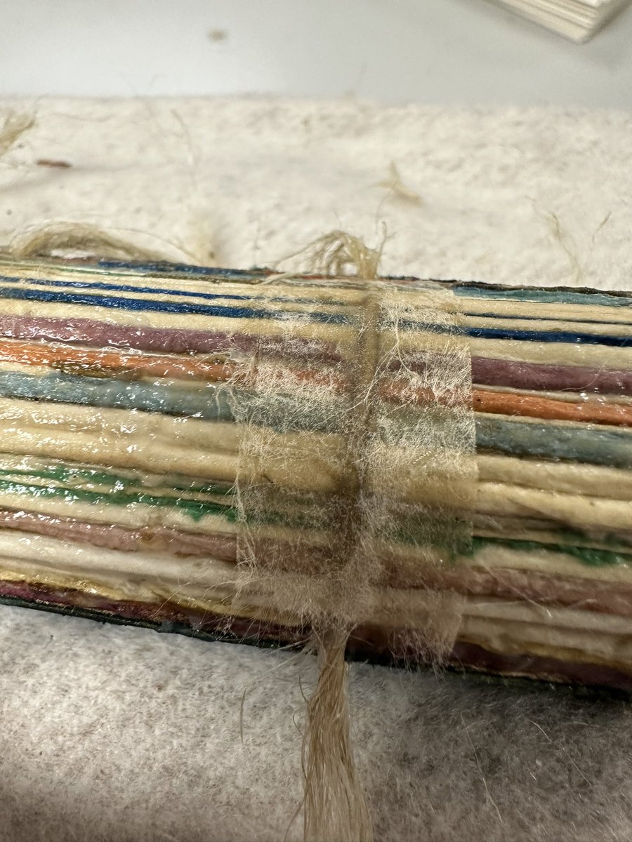 Restoration of Spurgeon book @ SWBTLibraries. Mounted into a finishing press protected between soft felt. Apply paste with a stipple brush to insure it reaches into the indentations between the sections (signatures). Japanese Kozo paper is tapped gently over the hemp cords.