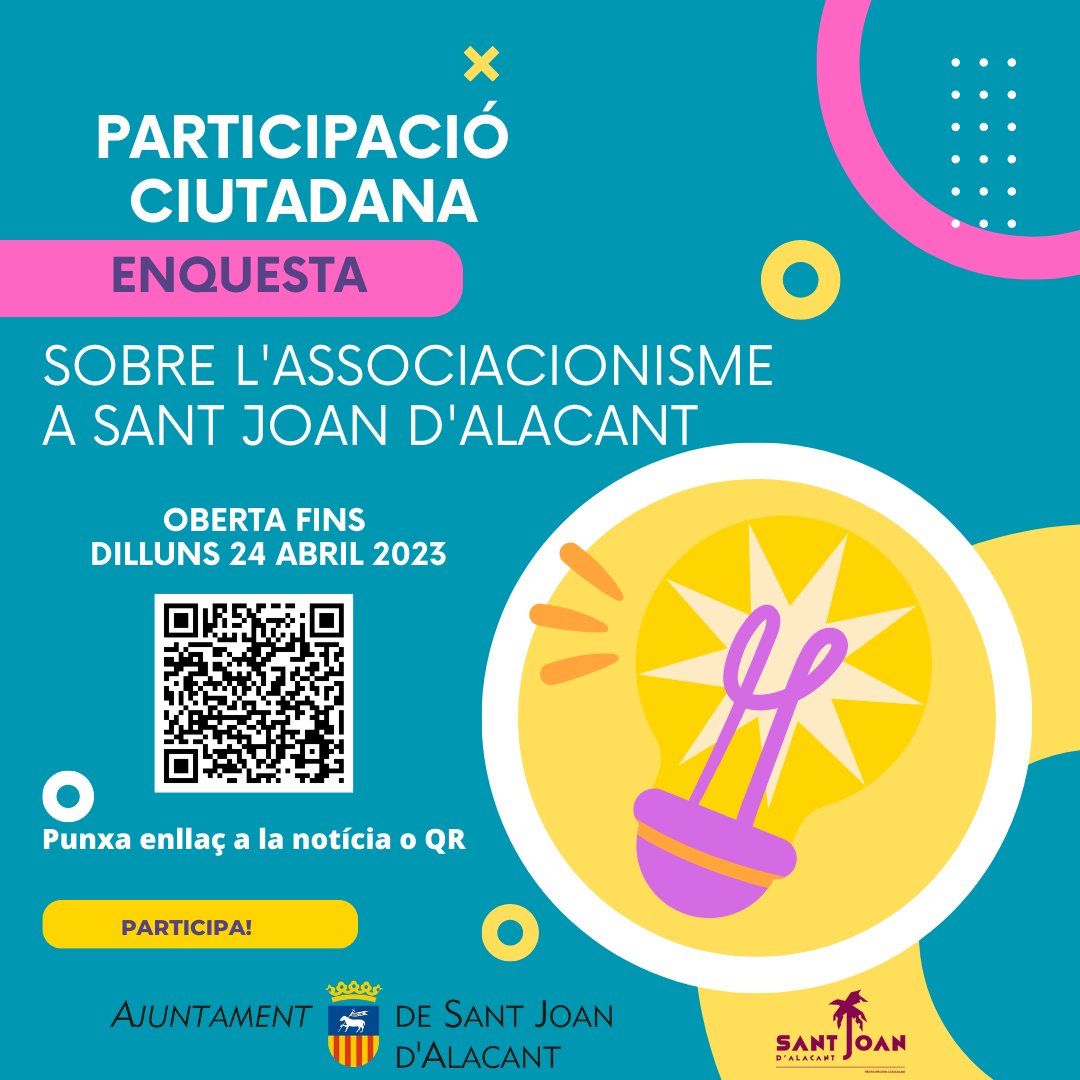 Volem conéixer la teua opinió sobre l'associacionisme a Sant Joan. Per a això et demanem que contestes a aquesta enquesta.
onx.la/a2c67
Emplenar el formulari et portarà 5 minuts. Tens fins al 24 d'abril. Moltes gràcies.

#SantJoandAlacant #santjoanparticipa