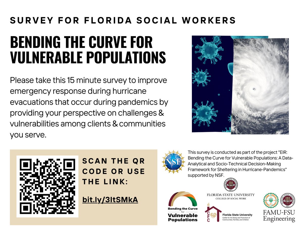 TheRiderCenter's tweet photo. Are you a Florida Social Worker or Emergency Manager? If so, we would appreciate your participation in these @NSF surveys regarding vulnerable populations and disasters. Share to spread the word!

Survey for SWs: https://t.co/hE70FuskJn
Survey for EMs:  https://t.co/SO4Ip6s7F9 https://t.co/SnuE90pEzi