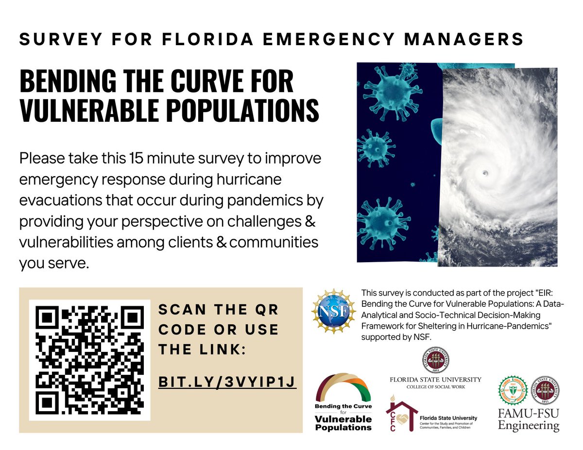 Are you a Florida Social Worker or Emergency Manager? If so, we would appreciate your participation in these <a href="/NSF/">U.S. National Science Foundation</a> surveys regarding vulnerable populations and disasters. Share to spread the word!

Survey for SWs: bit.ly/3ItSMkA
Survey for EMs:  bit.ly/3VYIP1J