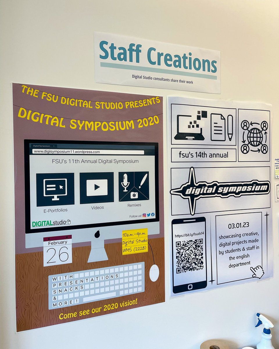 Our staff creations wall is looking real spiffy! 🤩✨ Take a look at the ‘21 and ‘22 Digital Symposium posters designed by DS consultants! Make an appointment with us today, link in our bio. 🔗 #FSU #FSUEnglish #DigitalDesign #Multimodal #Symposium #Tallahassee