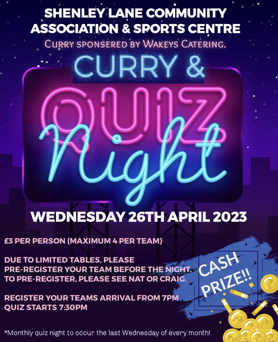 📖🍛𝗟𝗲𝘁’𝘀 𝗚𝗲𝘁 𝗤𝘂𝗶𝘇𝘇𝗶𝗰𝗮𝗹!!🍛📖

Our 3rd quiz night has been announced. This time the quiz is being sponsored by Wakeys Catering who will be providing a curry!! 

This time we are asking teams to 𝗣𝗿𝗲 𝗥𝗲𝗴𝗶𝘀𝘁𝗲𝗿! See poster for details.