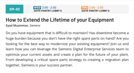 jamesvgingerich's tweet photo. #ManufacturingInAmerica.  Coming up at 2pm. How to Extend the Lifetime of your Equipment.  SM-02.  #MiA23 #Manufacturing https://t.co/tC14myVGaz