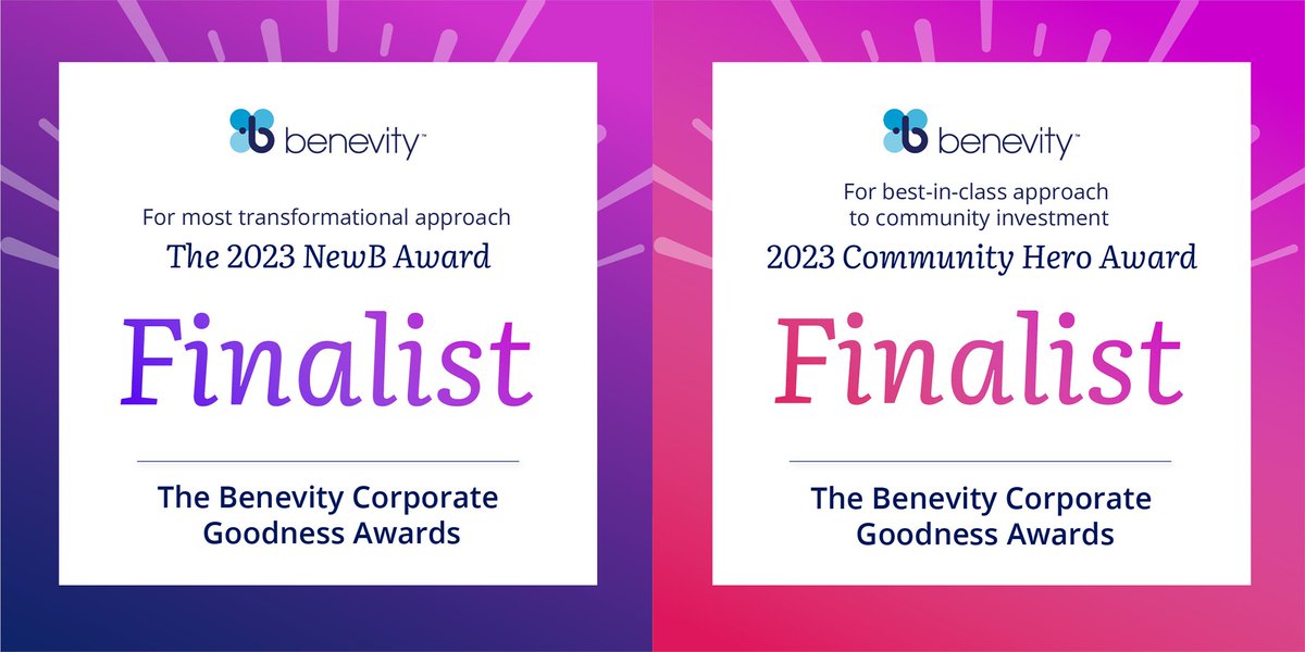 Thrilled to be recognized as a @Benevity 2023 Goodie Awards finalist for two awards! We're nominated for the NewB award for the most transformative approach to #CorporatePurpose, & Community Hero Award, for best-in-class approach to community investment! bit.ly/3KCgo7s