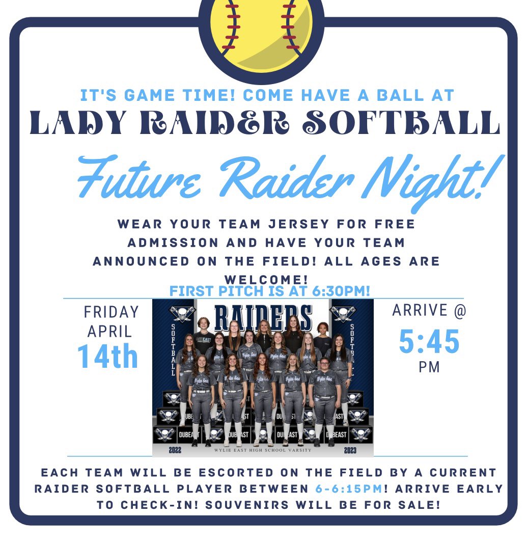 Future Raider Night is tomorrow! See details in the flyer! Join us in cheering on our Lady Raiders as they face North Garland!💙🥎