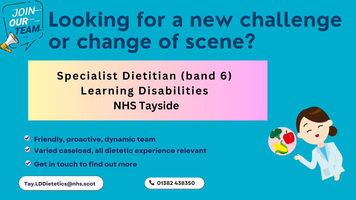 Still time to apply: Fancy joining a friendly, proactive dynamic team. Pls share widely apply.jobs.scot.nhs.uk/Job/JobDetail?… @taysidedietetic @BDAWOSBranch @BDAEastScotland @BDA_Dietitians @Dietitians_MHG @taysidedietetic #DieteticJobs