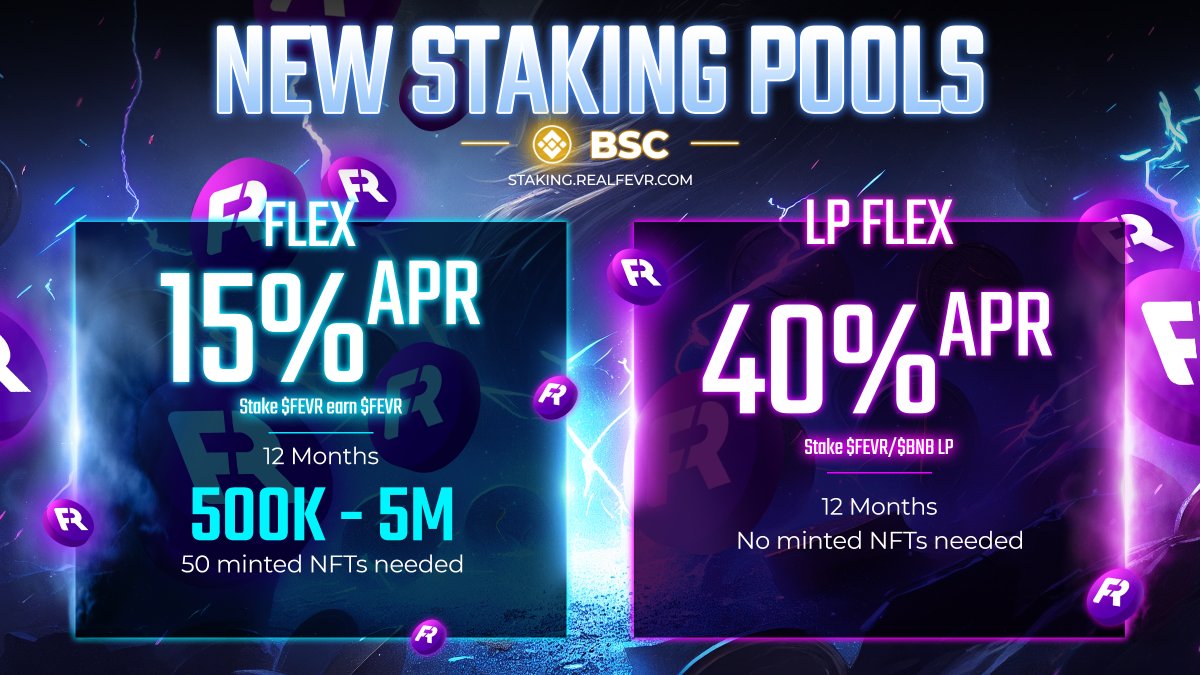 New Staking Pools on BNB Chain! 🪙

Flexible Single Token ($FEVR):
15% APR
250k to 5M $FEVR  

Flexible LP ($FEVR/$BNB):
40% APR

Stake now: staking.realfevr.com