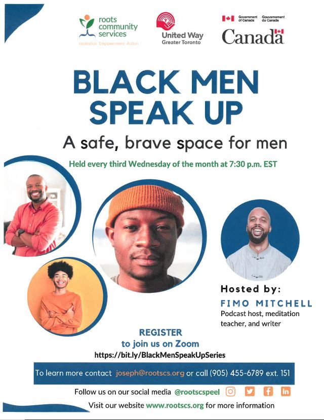 BlkExcDPCDSB's tweet photo. Roots Community Services offers Black Men Speak Up on the third Wednesday of every month. Join this virtual conversation by registering at https://t.co/DnLefL2xEf https://t.co/HHM9WkNdJJ
