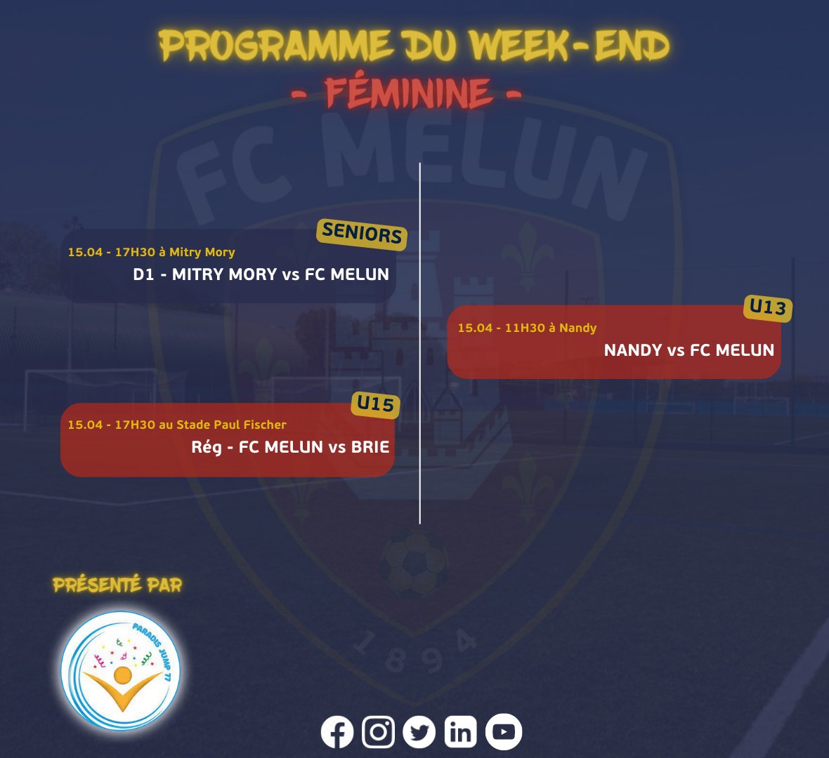 🗓Planning des matchs du week-end 💥

Notre partenaire @paradisjump a le plaisir de vous annoncer le planning des rencontres de cette fin de semaine.

👶Pôle école de foot
👦Pôle pré-formation
🧔‍♂️Pôle formation
👩‍🦰Pôle féminin

Bon week-end à tous !

#TeamFCMelun ❤️💙