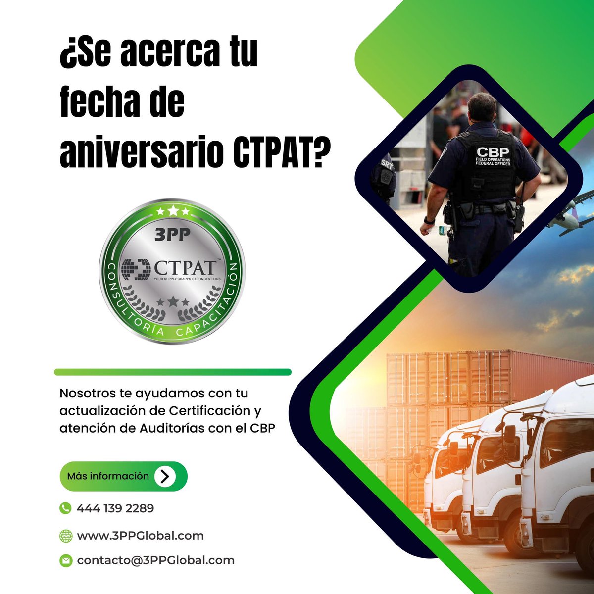 3ppScp's tweet photo. 🇺🇸 ¿Esta tú empresa buscando mantener su certificación CTPAT y mejorar su cumplimento de las regulaciones de seguridad?

🌐 https://t.co/zpQjxysrU9

#3PP #ProgramaCTPAT #MSCCTPAT #CTPAT #CadenaDeSuministro #AniversarioCTPAT #CBP https://t.co/7tuJba3Bgi