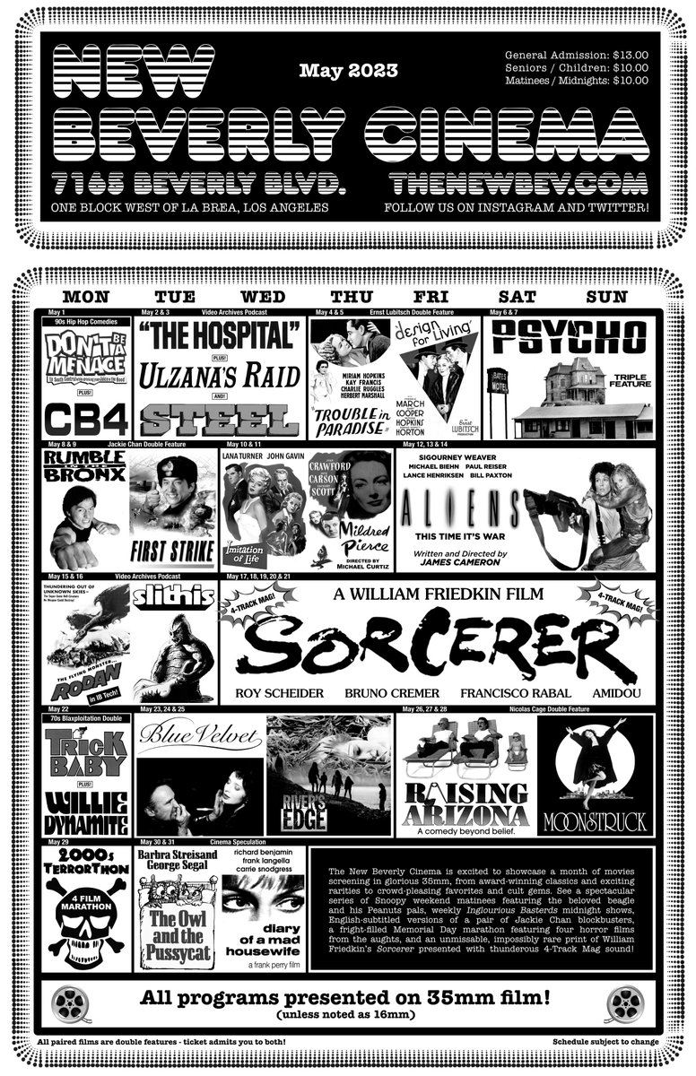 newbeverly's tweet image. Catch a film in 35mm at the New Bev this May! Snoopy matinees, Jackie Chan blockbusters, a Psycho triple feature, an unmissable 35mm print of William Friedkin’s Sorcerer w/ thunderous 4-Track Mag sound, plus much much more! Please RT + let us know what you’re most excited to see.
