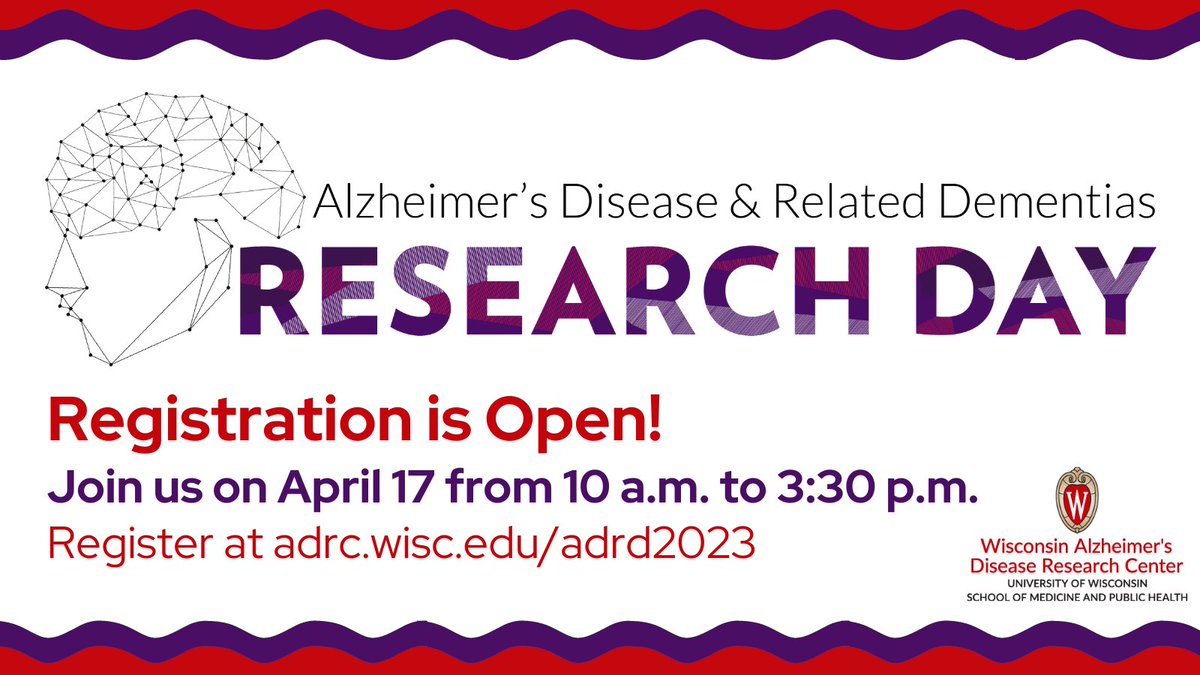 📅 Last chance to register for #WiADRD2023! 📅 Join us next Monday on April 17 from 10 a.m. to 3:30 p.m. We will have featured speakers, a poster session, awards and more!

Register and learn more at adrc.wisc.edu/adrd2023
