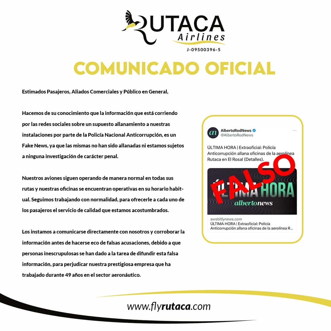 Comunicado Oficial Rutaca Airlines