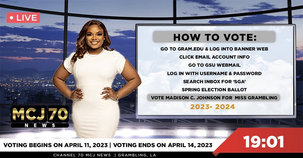 Breaking N.E.W.S. 🌍❗️
*
Gramfam! It’s time to vote! Allow your opinion to be heard because OUR WORDS have power! Vote Madison Johnson for the 70th Miss Grambling State University! 💛🖤
•
#MadisonJforMissG #Channel70MCJ #GramElections2k23 #gramfam @gram_boe