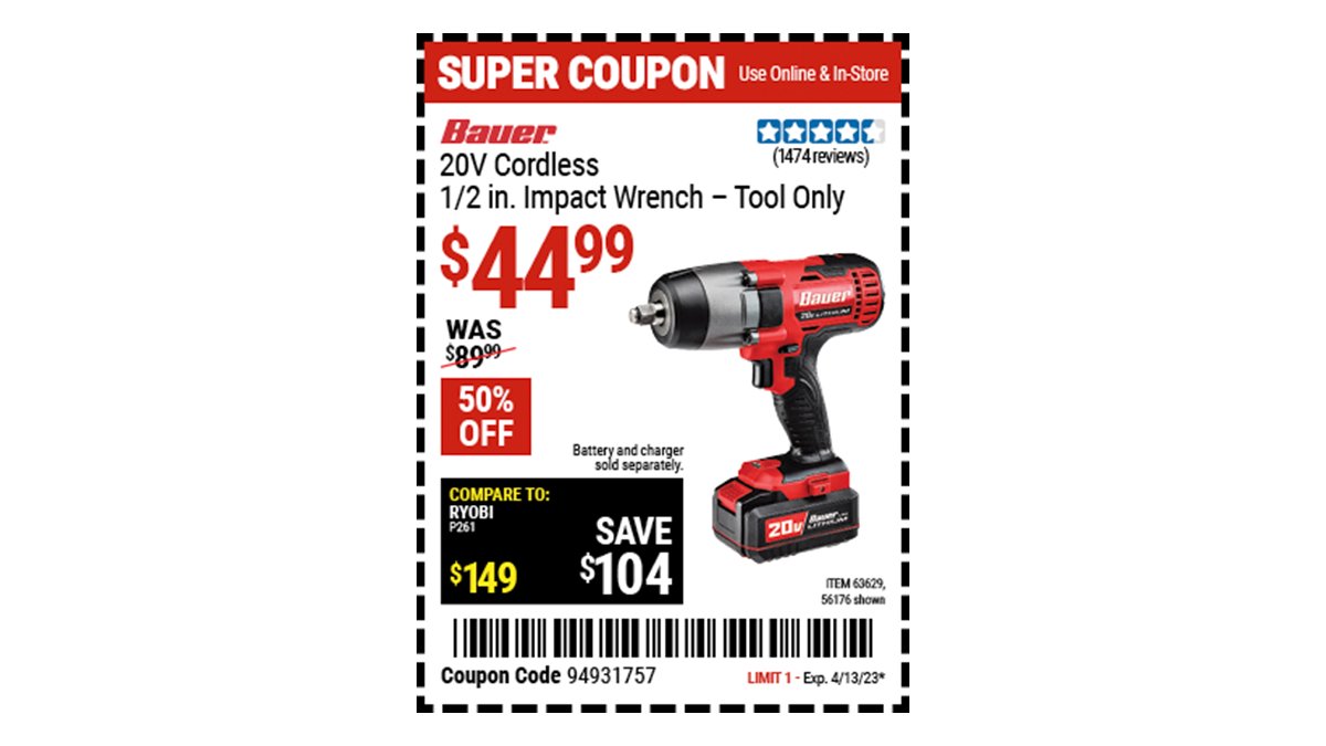 Harbor Freight on Twitter "Buy the BAUER 20V 1/2 In. Impact Wrench