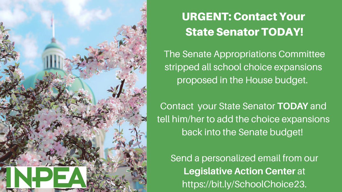 INPEA_Voice's tweet photo. Today, the Senate released its budget, and the Appropriations Committee has stripped all school choice expansions proposed by the House.  Contact  your State Senator TODAY and tell them to add these choice expansions back into the Senate budget!  https://t.co/jwKARYkeHU. https://t.co/51BZ74VscC