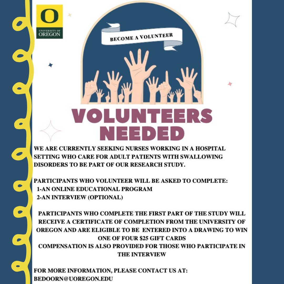Swallowing Disorder Foundation (@nfosd) on Twitter photo Research Opportunity for RNs!
Are you a nurse working in a hospital setting who cares for adults with difficulty swallowing?
If interested, contact the University of Oregon research team at: Bedoorn@uoregon.edu
#DysphagiaResearch #Dysphagia #NursingResearch Research Opportunity for RNs!
Are you a nurse working in a hospital setting who cares for adults with difficulty swallowing?
If interested, contact the University of Oregon research team at: Bedoorn@uoregon.edu
#DysphagiaResearch #Dysphagia #NursingResearch