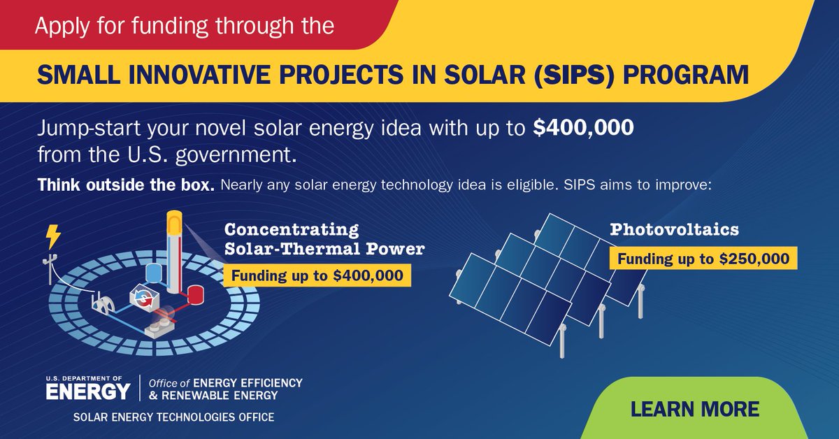 Julia06792999's tweet photo. @ENERGYjust announced $6.5M in funding for seedling R&amp;D projects that focus on innovative and novel ideas in photovoltaics and concentrating solar-thermal power! Learn more and apply by 6/1: https://t.co/9UserRBosb https://t.co/dGFE1RHT7p