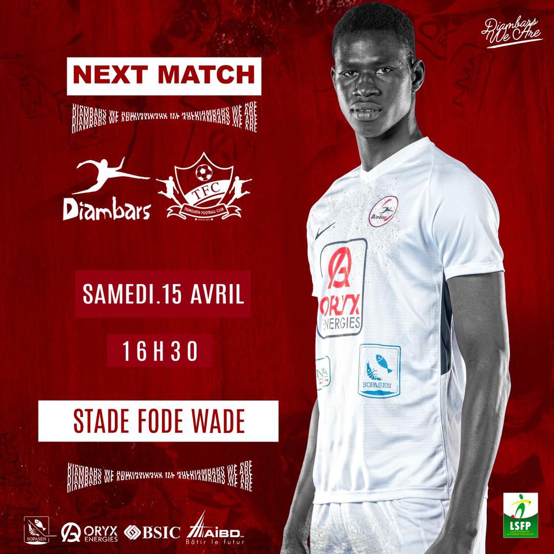 diambars_fc's tweet image. JOUR DE MATCH 

Saison 2022/23

⚽️ 17e JOURNÉE 

🆚  @TeunguethFc 

🏟️ Fodé WADE

🏆 @LSFP_sn 

📲 #DFCTFC 
 
📅 Samedi 15 Avril

⌚ 16:30

#DFCTFC #FootLocalSN #Ligue1SN @LSFP_sn #DiambarsWeAre 🔴⚫️
