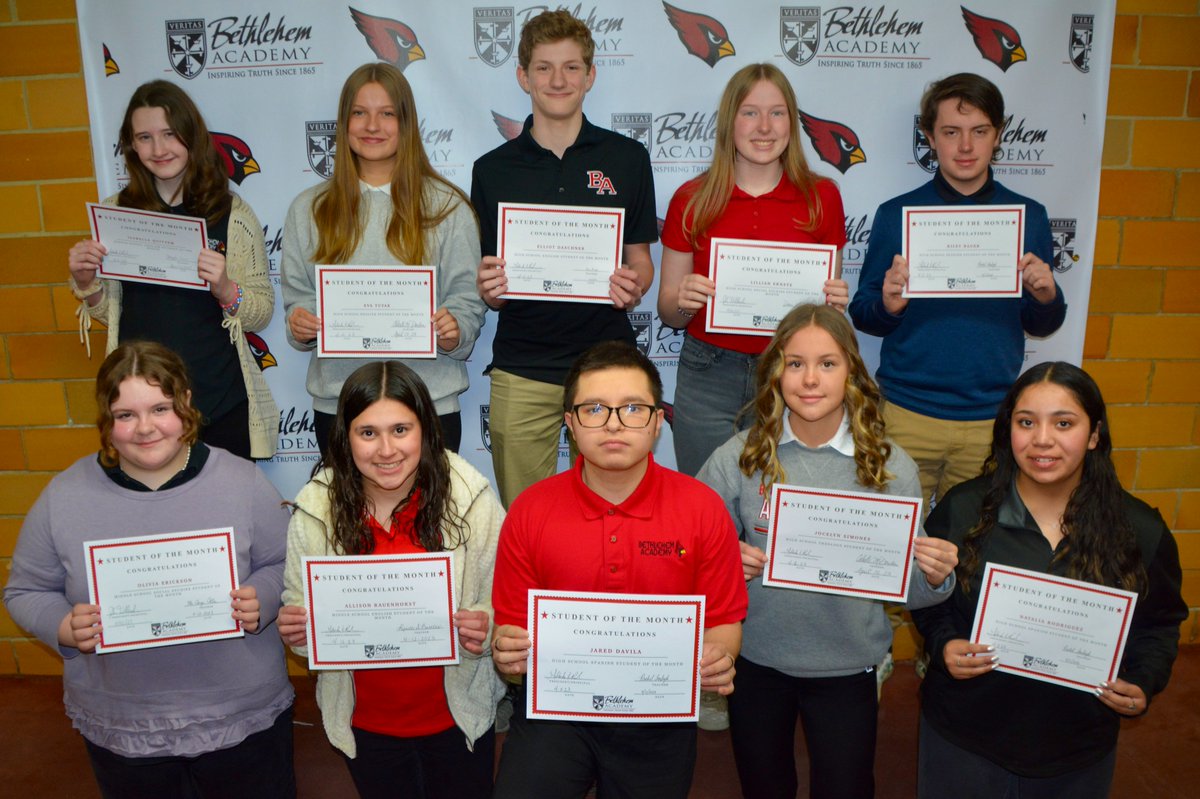 Congratulations to our March Students of the Month, honored this morning for their academic excellence and CARDS efforts in English, social studies, Spanish, and theology! #CARDS #CardinalPride