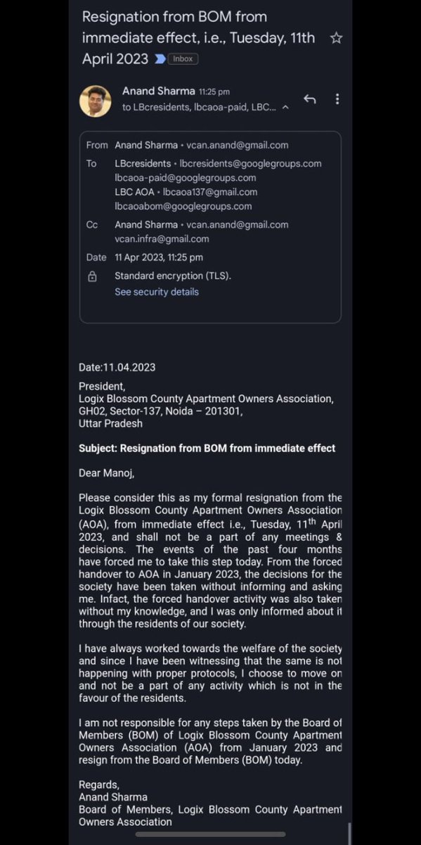 The content of this  resignation letter from one of the BOM members of Logix Blossom County, Sector 137 AOA is very overwhelming. This highlights that protocols are not followed and welfare of the residents is not the priority. These are serious charges
to be looked into.