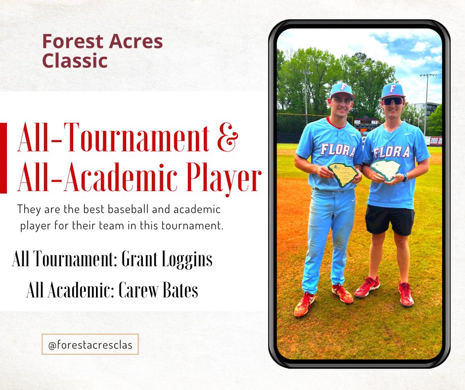 ForestAcresClas's tweet photo. Congratulations to our All-Tournament and All-Academic Players of the Forest Acres Classic for @ACFloraBaseball!
@LouatTheState @PBR_SC https://t.co/DX9UDCBExb