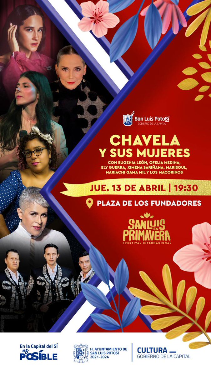 Hoy no te puedes perder la presentación de 'Chavela y sus Mujeres', un grandioso concierto con @EugeniaLeon, @ofeliamedinaweb, @ElyGuerra_, @ximenamusic y más! Te esperamos hoy en el Festival #SanLuisEnPrimavera en Plaza de Fundadores, a partir de las 19:30 hrs.