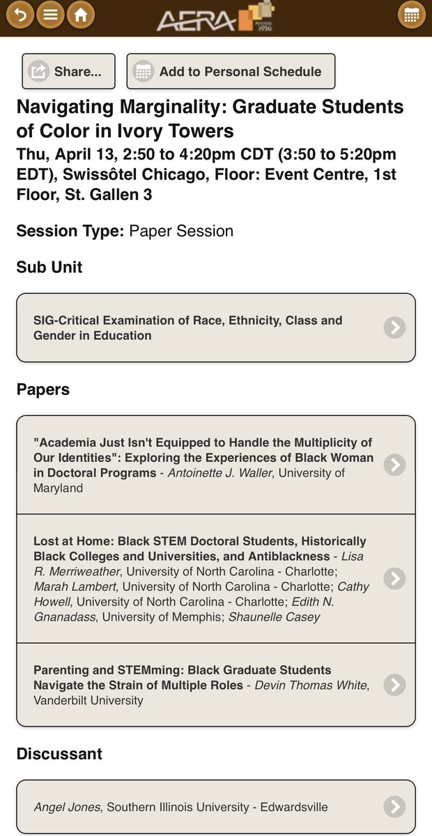 In a little over an hour come see me present my paper at the ‘Navigating Marginality: Graduate Students of Color in Ivory Towers’ paper session! (tinyurl.com/2hpc45sr) #AERA23 #AERA2023 #phdlife #EdTerps ☺️