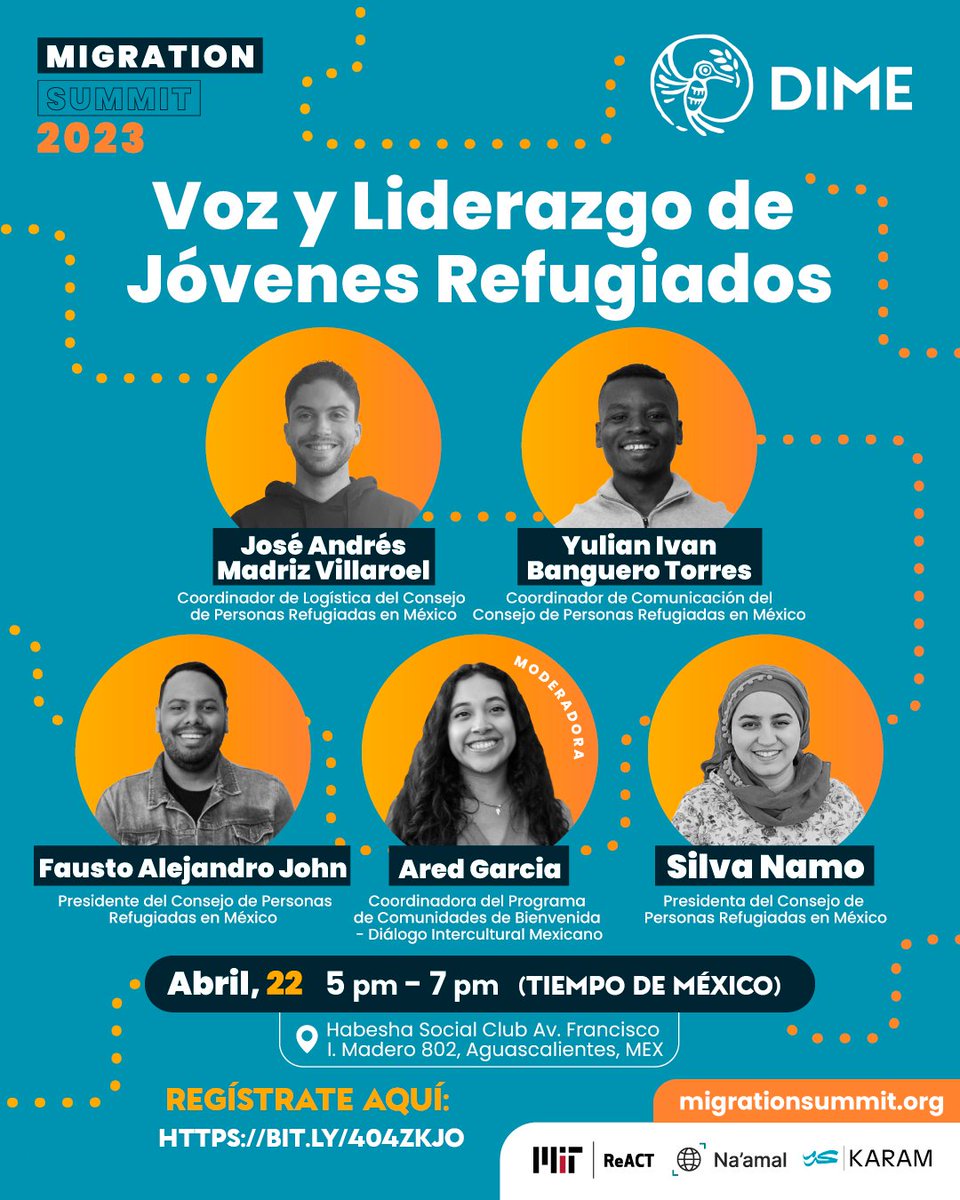 DIME y el Consejo de Personas Refugiadas en México tienen el placer de invitarles al evento “Voz y Liderazgo de Jóvenes Refugiados” el próximo sábado 22 de abril de 2023 a las 17:00 en el Habesha Social Club. 
#RefugeeLeaders #WelcomingCommunities #DiálogoIntercultural