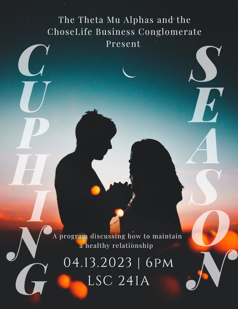 CoylinJr3's tweet photo. Join us along w/ @ThetaMuAlphas 
For CuPHing Season,as we discuss the keys and tips on how to communicate and maintain a healthy relationship with your significant other.

🆑Time: 6 P.M
🆑Location : LSC ROOM 241A
🆑 Date: TODAY, APRIL 13th‼️

#ChoselifeMadeYouThisWay https://t.co/i6q98aGoG2