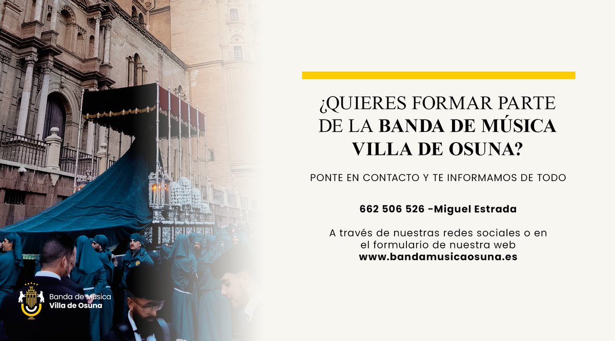 ✨ ¿QUIERES FORMAR PARTE DE LA BANDA?

Si has disfrutado con nosotros durante esta Semana Santa y te ha picado el gusanillo por la música.... ¡No te lo pienses más! 😉

Ponte en contacto con nosotros o acércate a nuestra sede y te  informamos de todo 🖋️

bandamusicaosuna.es/escuela-de-mus…