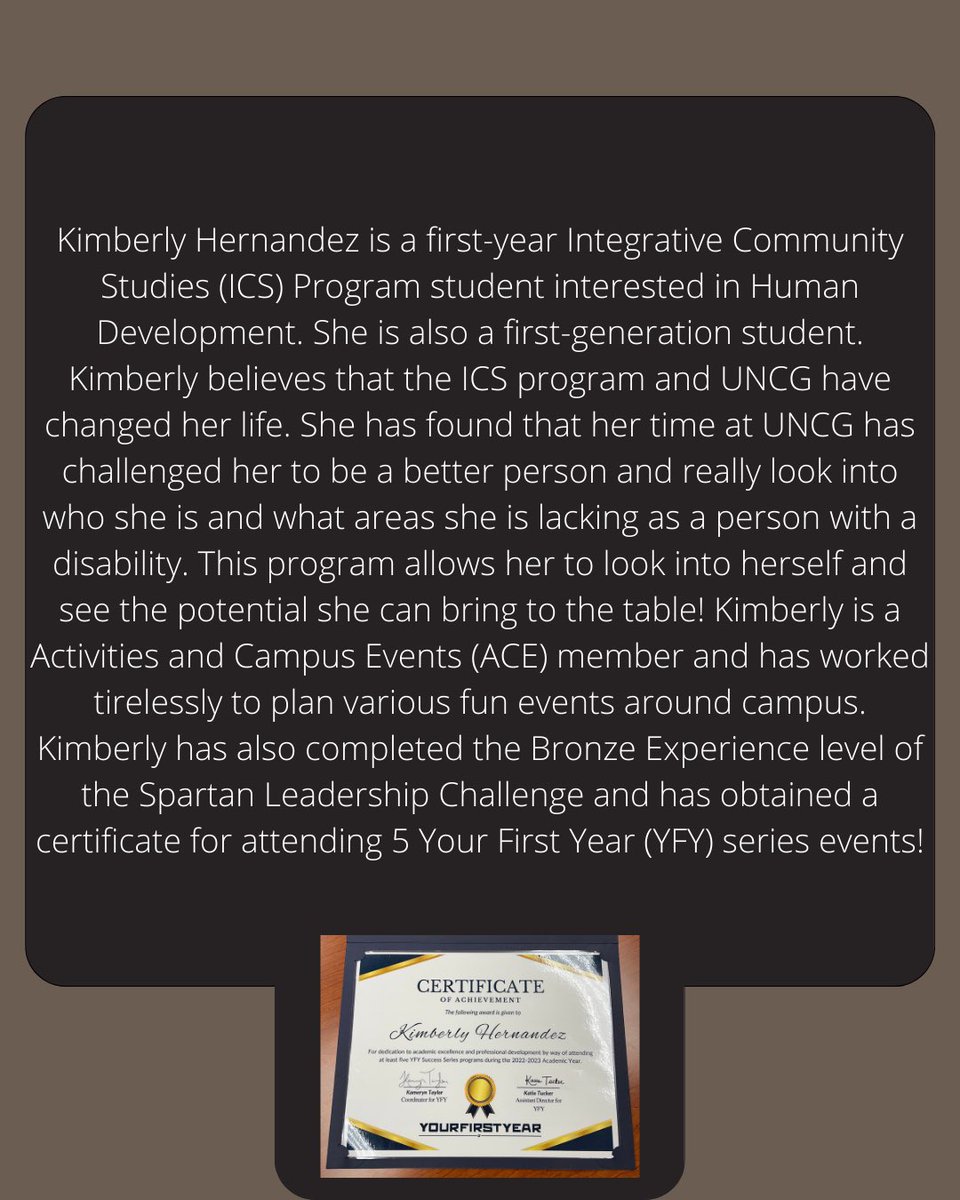 BeyondAcademics's tweet photo. We are thrilled to highlight one of our first-year students, Kimberly Hernandez. Kimberly is a first-year and first-generation student in the program.
Please take a second to read more about Kimberly and all the fantastic things she has done during her first year at UNCG!💙💛 https://t.co/DoXVX3wMrY