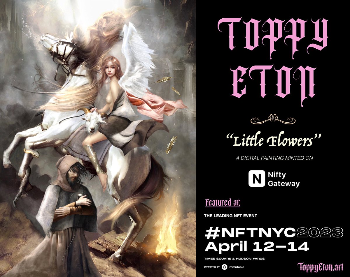 ToppyEton's tweet photo. 'Little Flowers', a digital painting inspired by the mysterious medieval florilegium of the fabled Saint Francis, at @NFT_NYC #NFTNYC2023 April 12 - 14, Artists Village, North Jarvits. So excited! Thank you @NFT_NYC 🌷 https://t.co/iNavmCiA0b