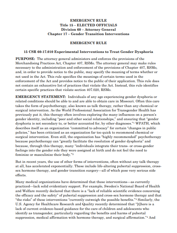 ErinInTheMorn's tweet image. Oh my god.

Missouri AG just essentially banned gender affirming care for most trans adults via emergency rule.

Requires 3 years of dysphoria, 18 months of therapy sessions, doesn't allow people with autism/depression.

This is what elimination of transgender people looks like.