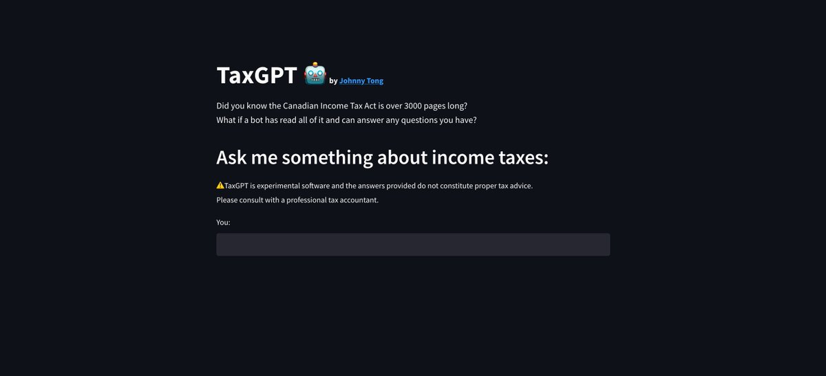 johnnytong's tweet image. I've been playing with the ChatGPT API and embedded the entire Canadian Income Tax Act (3000+ pages) so you can ask it questions:
taxgpt.johnnytong.com
#ChatGPT #chatbot