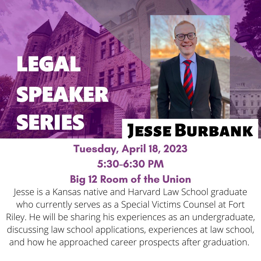This is an event you do not want to miss! Join us on Tuesday to hear from this Legal Speaker. Jesse Burbank is a recent law school graduate and has great insight to offer students. Head over to our Instagram to learn more about Jesse Burbank.