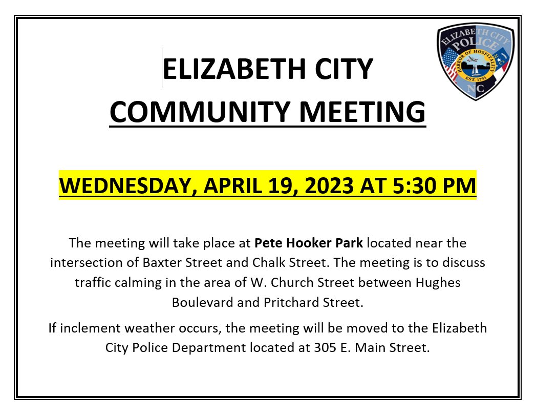 ***Public Service Announcement***

Meeting Topic: Traffic Calming in the area of W Church Street between Hughes Blvd and Pritchard Street. 

Date/Time: 04/19/2023 5:30PM

Location: Pete Hooker Park