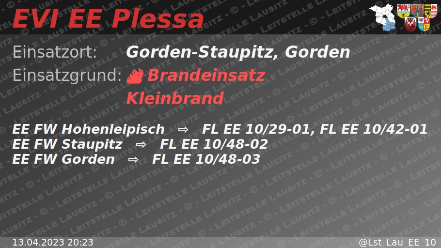 🚨 13.04.2023 20:23 🔥 B:Klein 🌐 Gorden-Staupitz, Gorden 🚒 ⇨ FW Hohenleipisch, FW Staupitz, FW Gorden wachalarm.leitstelle-lausitz.de/dbrd/5d972d1e-…