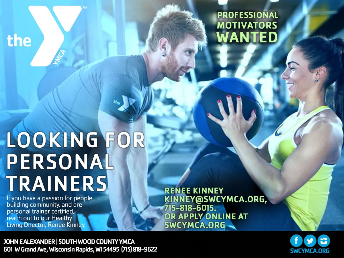 Now Hiring at the South Wood County YMCA. Contact Renee Kinney, kinney@swcymca.org