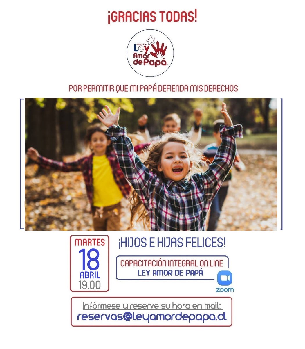 AmordePapa's tweet photo. SUS HIJOS MERECEN SER FELICES
.
De Ud. depende  ¡VAMOS CON TODO EN LA DEFENSA DE SUS DERECHOS! y apoyados por los MEJORES PROFESIONALES, realmente especialistas
.
TODO POR EL INMENSO AMOR QUE SENTIMOS POR NUESTROS HIJOS
.
Para MÁS información escríbanos: reservas@leyamordepapa.cl https://t.co/CYqVpPA2Zw