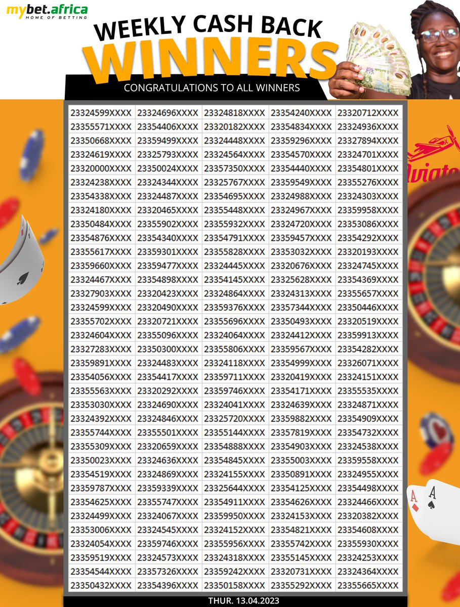MybetAfrica's tweet photo. 🎉 We congratulate our fantastic customers who have received cashback! Please note that our cashback promotion is still available, so don't miss the opportunity to receive cashback on your weekly losses.
#cashbackpromotion #mybetafrica #winningways #casino
@djsliming https://t.co/aQL3xDpOUY