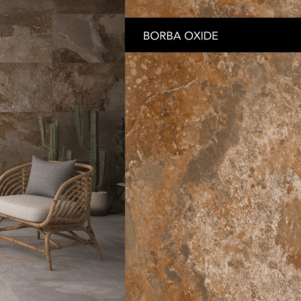 Get the best of both worlds with Borba Oxide porcelain tiles! These tiles are perfect for both floors and walls, and their resistance to moisture and thermal properties make them ideal for use both indoors and outdoors. #LifestyleCeramics #PorcelainTile #BorbaOxide #DesignInspo