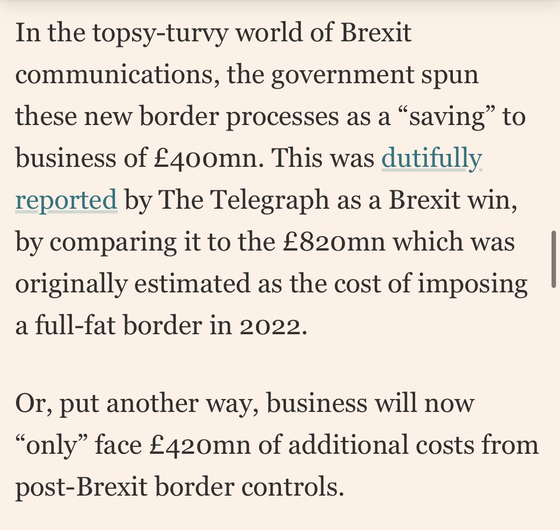 13sarahmurphy's tweet photo. @pmdfoster @FT £420M additional Brexit bill to business. For the additional red tape. 

Actually insane. Imagine sitting round the negotiating table and going for this. Imagine still thinking this was a ‘patriotic’ win rather than a totally humiliating and relentless, pointless loss. https://t.co/pN5cldlKRg
