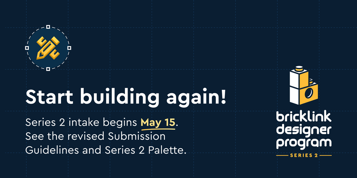 BrickLink's tweet photo. Get ready to submit for BrickLink Designer Program Series 2, starting May 15. We're looking for a range of sizes from 400 to 4,000 parts, so each Series has something for everyone to enjoy.

https://t.co/4d0o2EdcUY

#LEGO #BrickLink #BrickLinkStudio #BDPSeries2 https://t.co/3J3wt0XmlD
