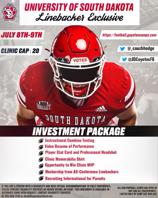 The 1st Annual LINEBACKER EXCLUSIVE Clinic; a camp like no other! 🐾

Limited spots available. Lock in and maximize the opportunity to be developed by the best! 🐾

Registration: football.goyotescamps.com/linebacker-exc…