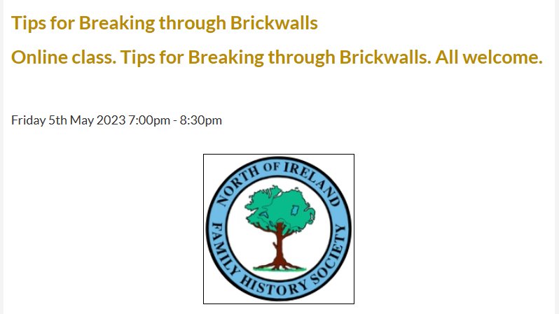 North of Ireland FHS:

Tips for Breaking through Brickwalls

Friday 5th May 2023 7:00pm - 8:30pm

familyhistoryfederation.com/event-north-of…